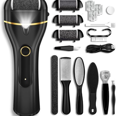 LUVISTI electric callus remover for feet waterproof rechargeable foot file with 3 rollers and LED light for removing dead hard cracked skin